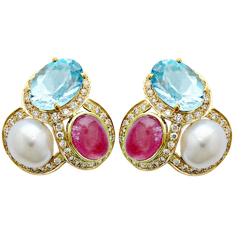 Earrings-Rubellite, Blue Topaz, South Sea Pearl and Diamond