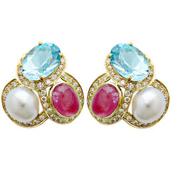 Earrings-Rubellite, Blue Topaz, South Sea Pearl and Diamond