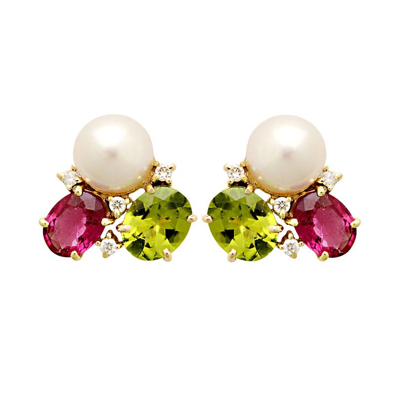 Earrings-Rubellite, Peridot, South Sea Pearl and Diamond