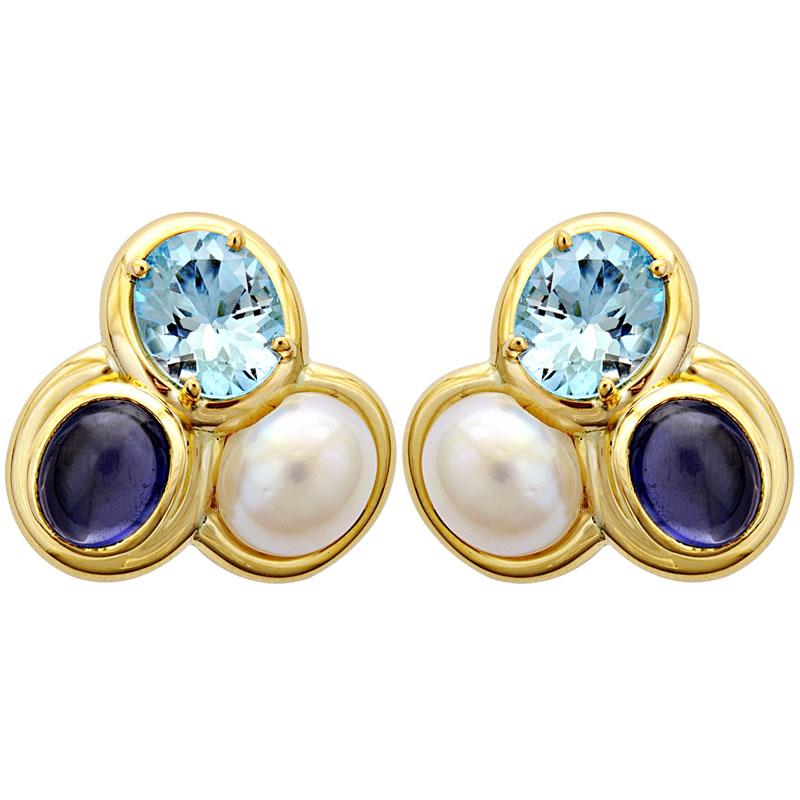 Earrings-Blue Topaz, Iolite and South Sea Pearl
