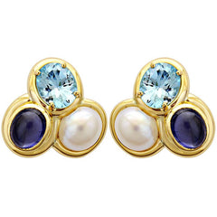 Earrings-Blue Topaz, Iolite and South Sea Pearl
