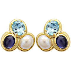 Earrings-Blue Topaz, Iolite and South Sea Pearl