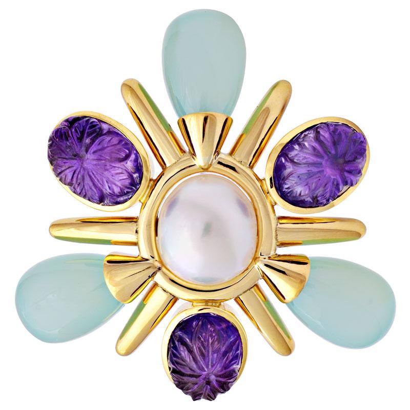 Brooch -Amethyst, Chalcedony and South Sea Pearl