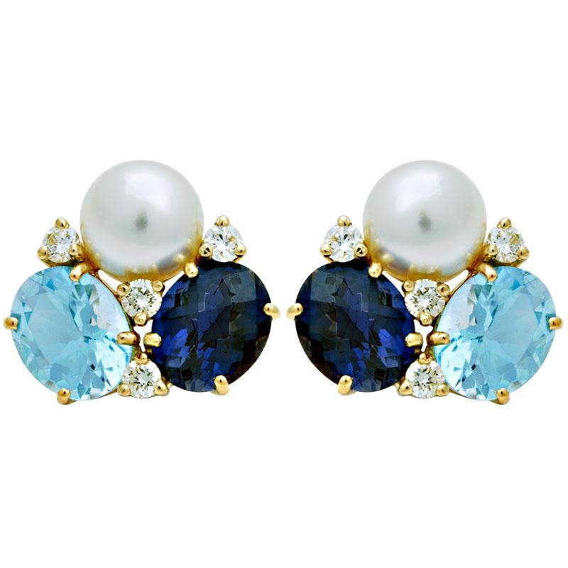 Earrings-South Sea Pearl, Iolite, Blue Topaz and Diamond