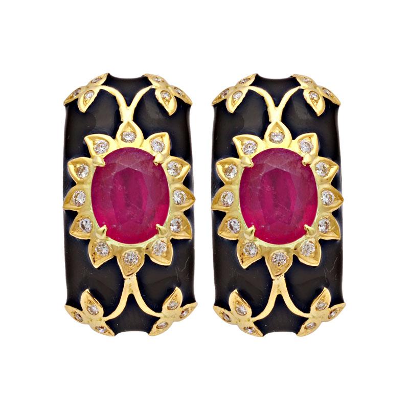 Earrings-Glass Filled Ruby and Diamond (Enamel)