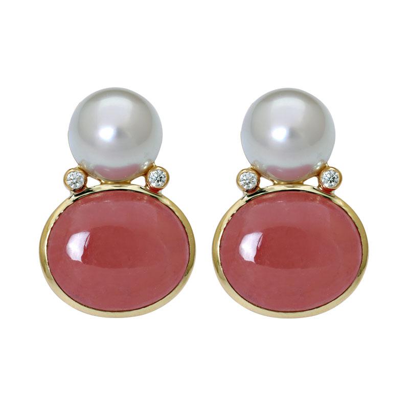 Earrings-Rhodocrosite, South Sea Pearl and Diamond