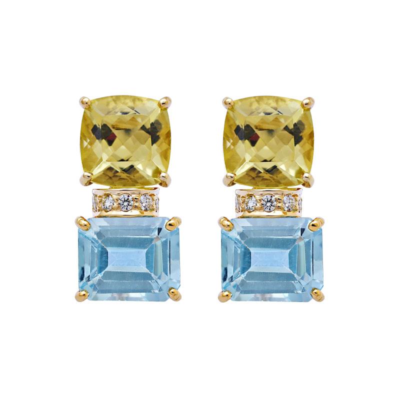 Earrings-Blue Topaz, Lemon Quartz and Diamond