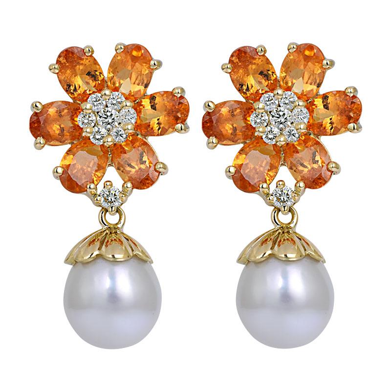 Earrings- Orange Garnet, South Sea Pearl and Diamond