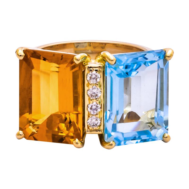 Ring- Blue Topaz, Citrine and Diamond