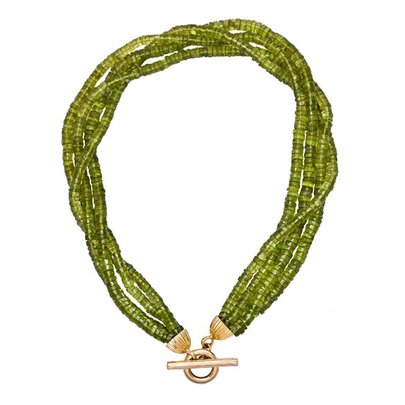 Neck-Beads- Peridot Beads with 18K Gold and Diamond Toggle