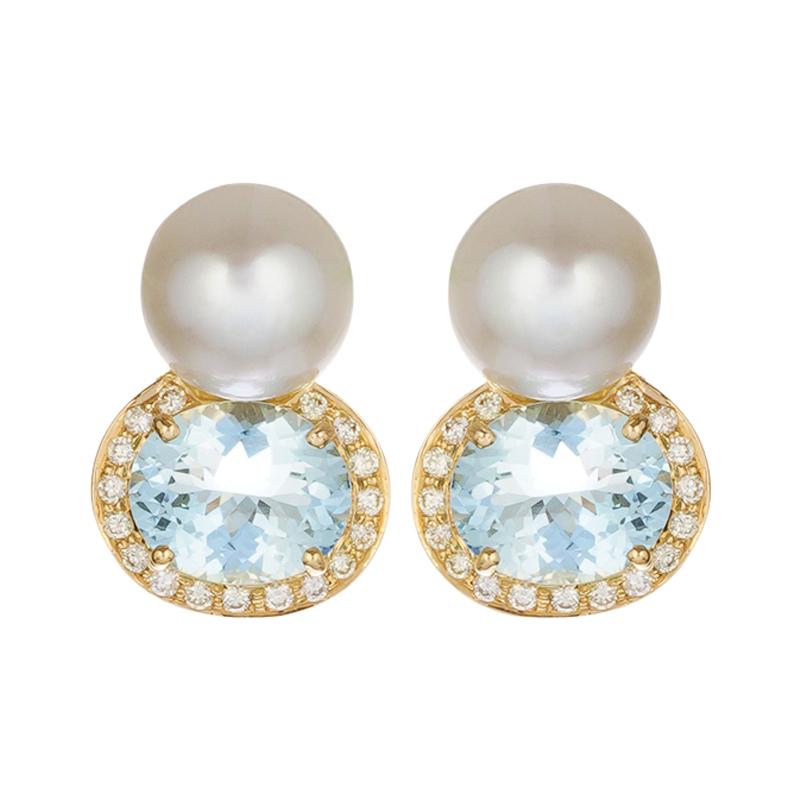 Earrings - Aquamarine, Diamond And South Sea Pearl